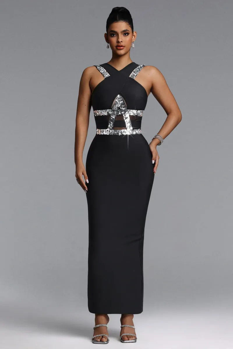 Vestido Maxi Oyata Halter com Paetês e Efeito Bandage