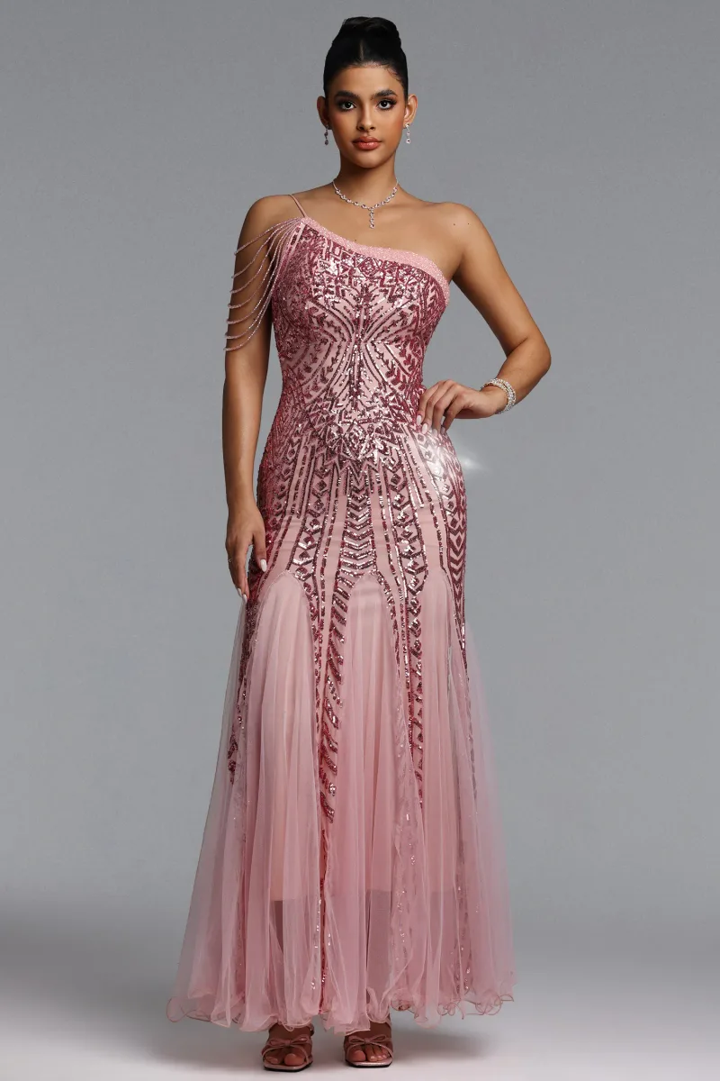 Vestido Maxi Elay Sereia com Paetês Rosa e Um Ombro