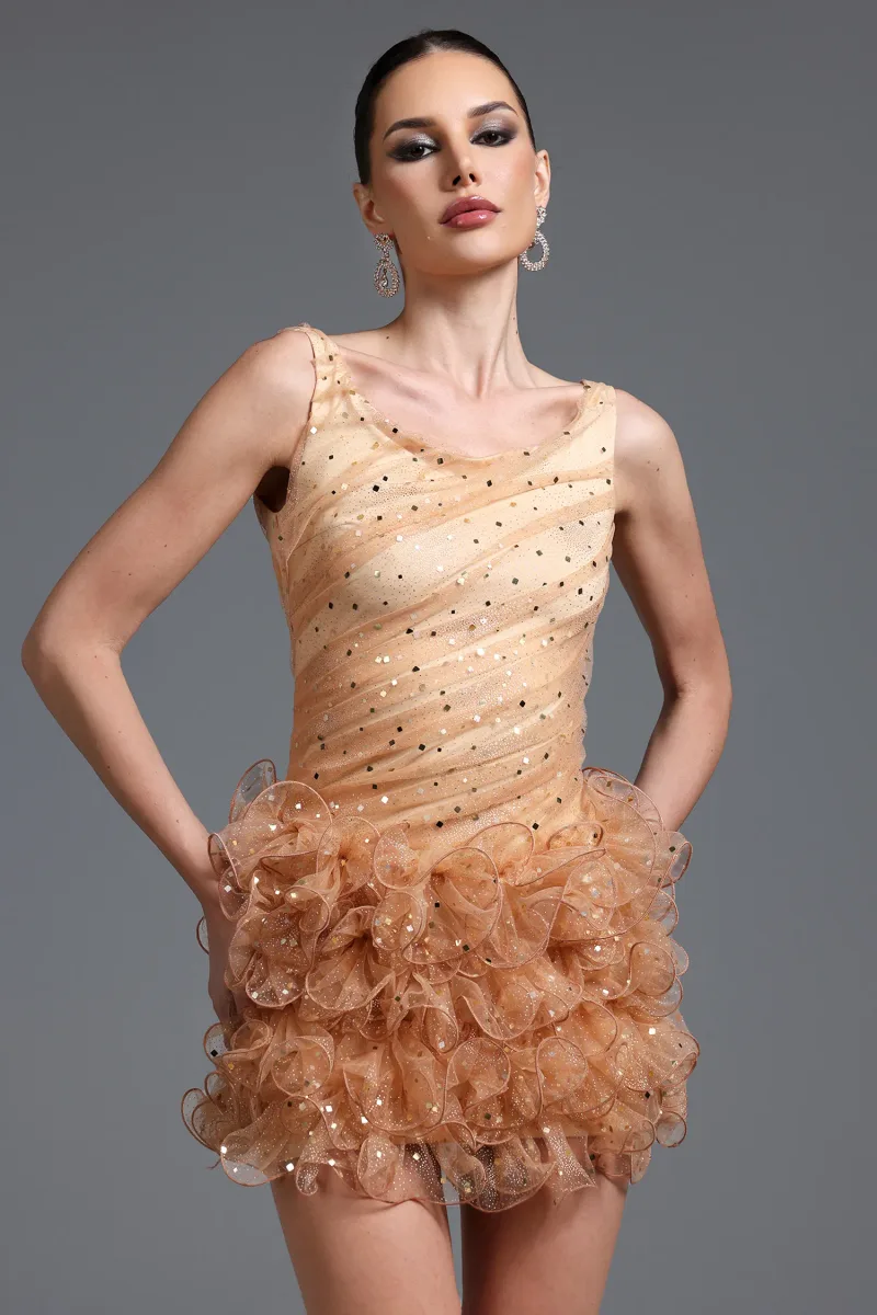 Vestido Mini Veronic Romântico com Paetês e Babado sem Mangas