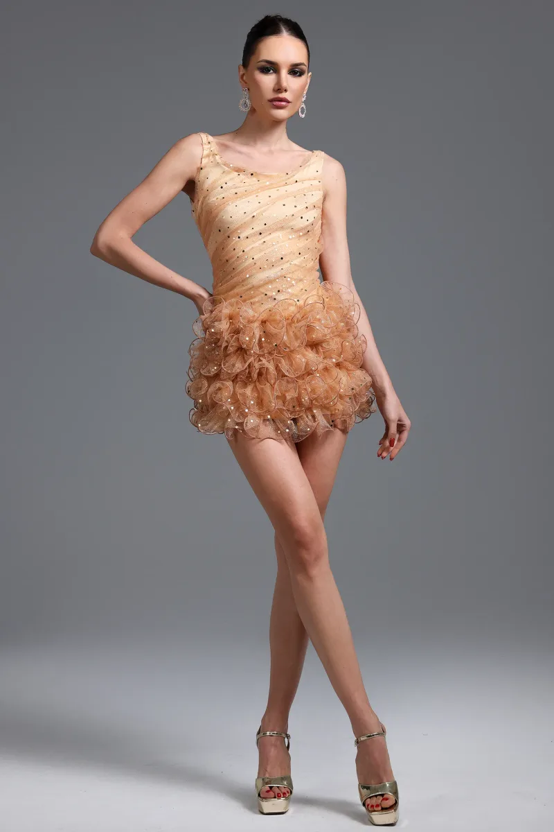 Vestido Mini Veronic Romântico com Paetês e Babado sem Mangas