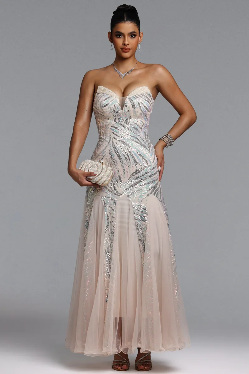 Vestido Maxi Sally com Paetês Bege