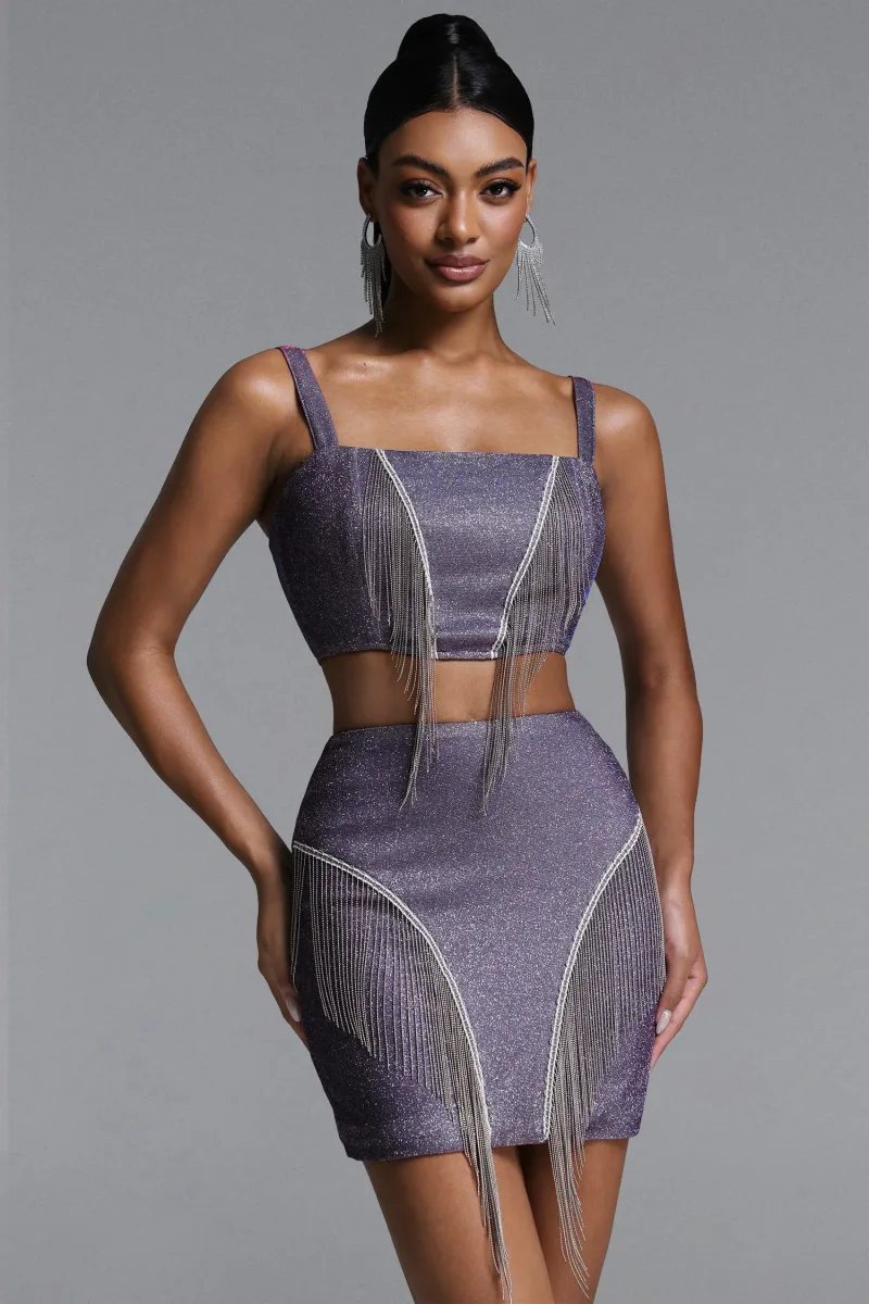 Conjunto Vercia: Blusa e Saia em Paetê e Franja