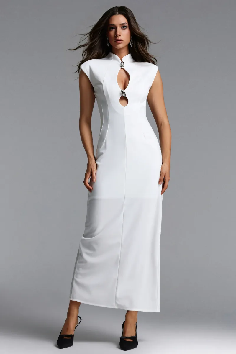 Vestido Maxi Josefina com Cut-Out e Botões Metálicos